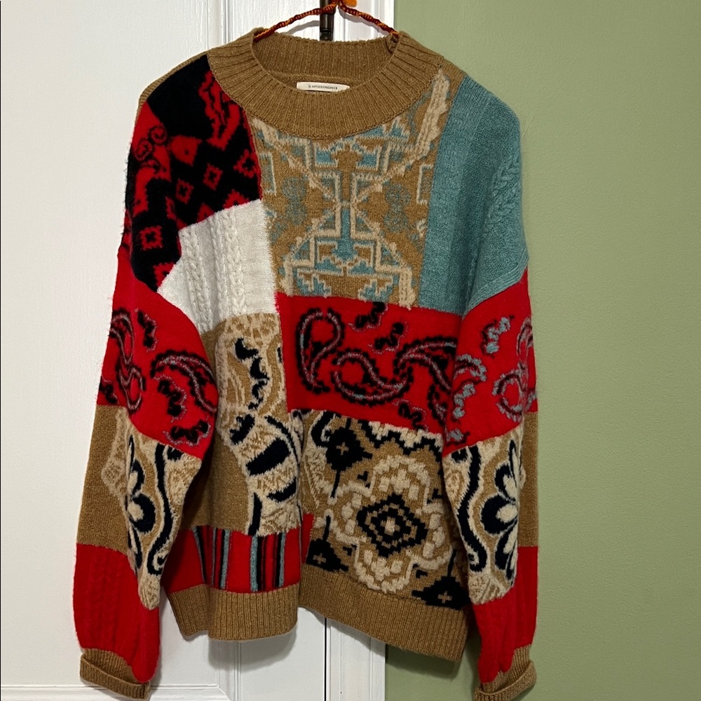 Anthropologie Multicolor Patchwork Sweater Sz Medium Vintage Inspired